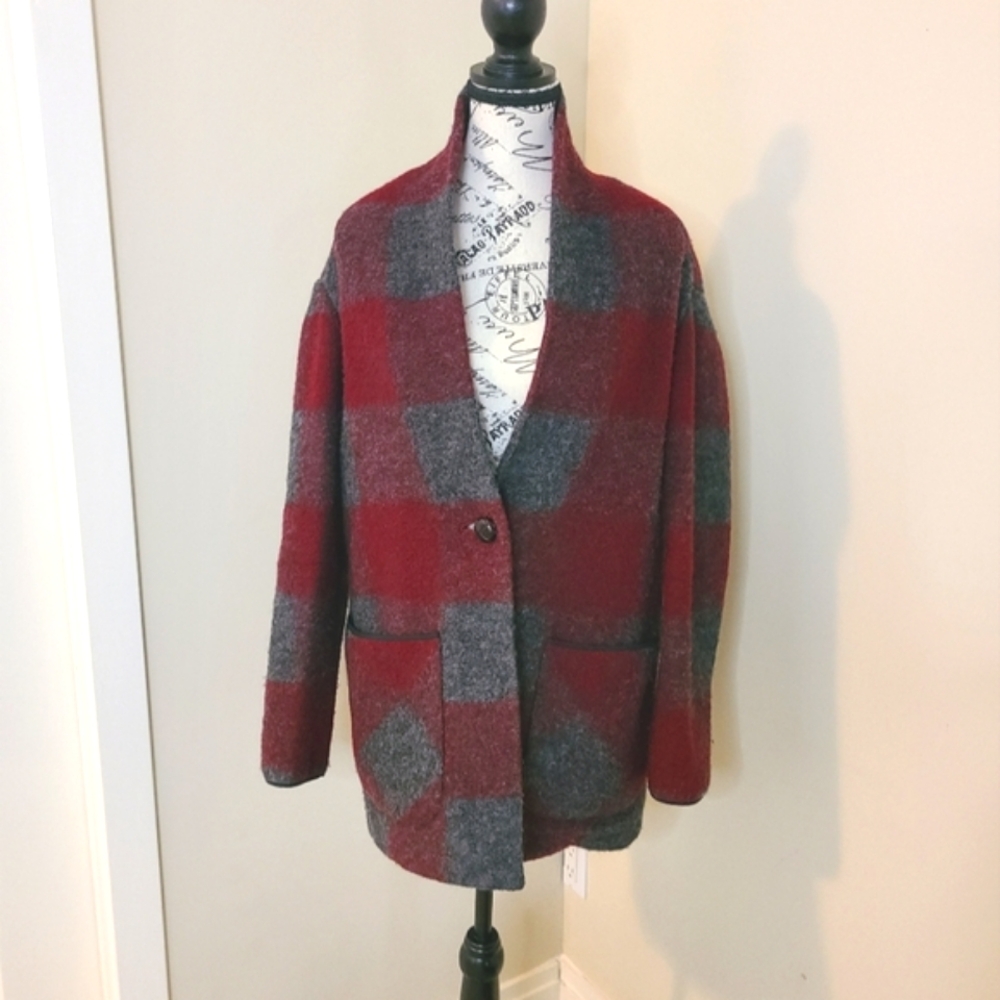 Aritzia Wool Coat Burgundy & Grey Plaid Mid Length Wilfred Free Off Duty Small